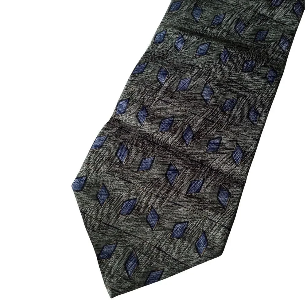 Stafford Mens Silk Tie Made in Italy Olive Green Blue Geometric Diamond Pattern